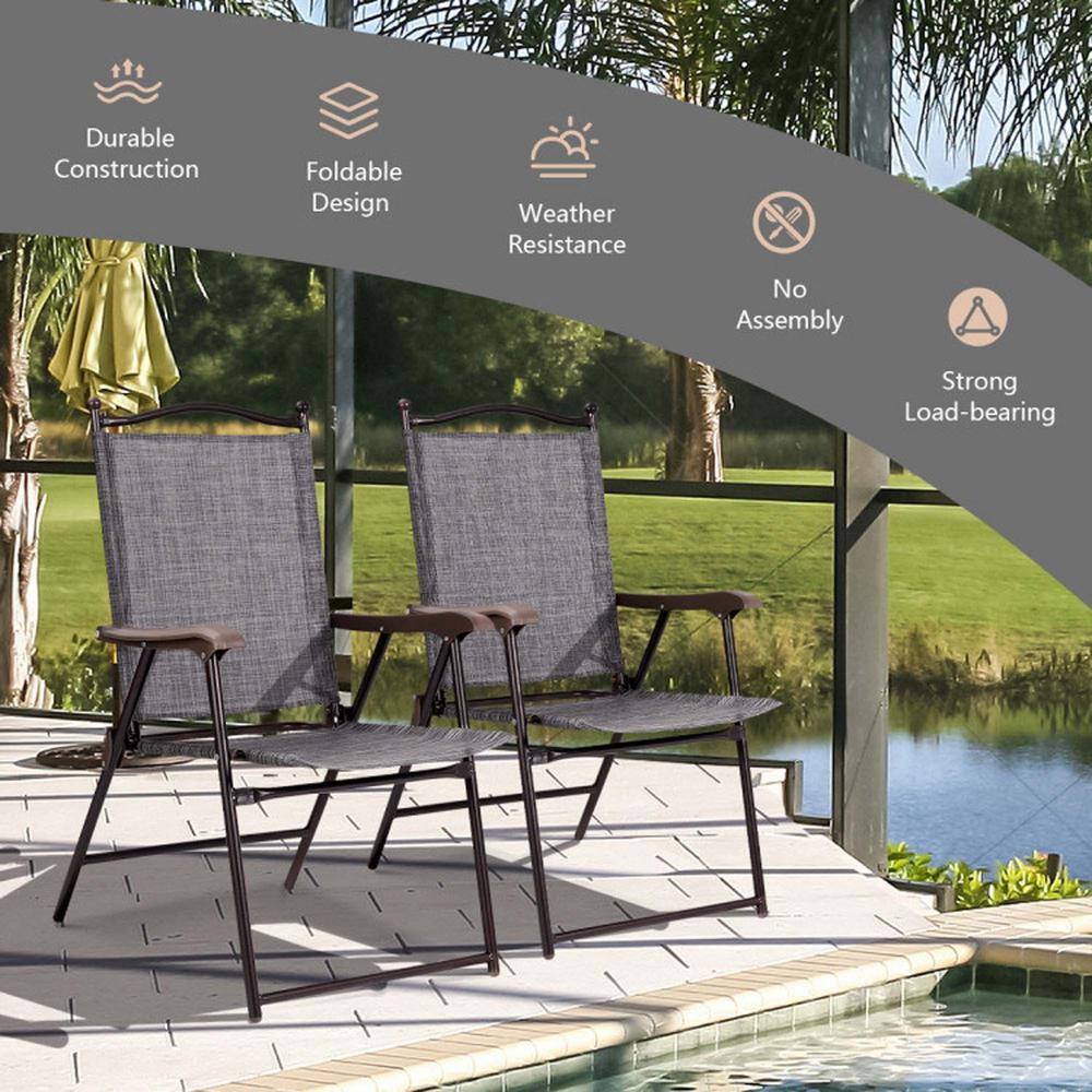 Gray Steel Frame Folding Camping Chairs with Arms, Set of 2