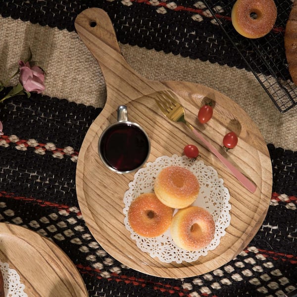 Beige Wooden Round Shape Serving Tray Display Platter