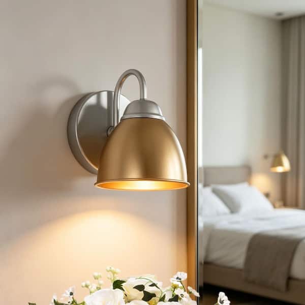 5 in. 1-Light Gold and Silver Modern Bathroom Wall Sconce Light, Transitional Brass Vanity Light with Metal Bell Shade