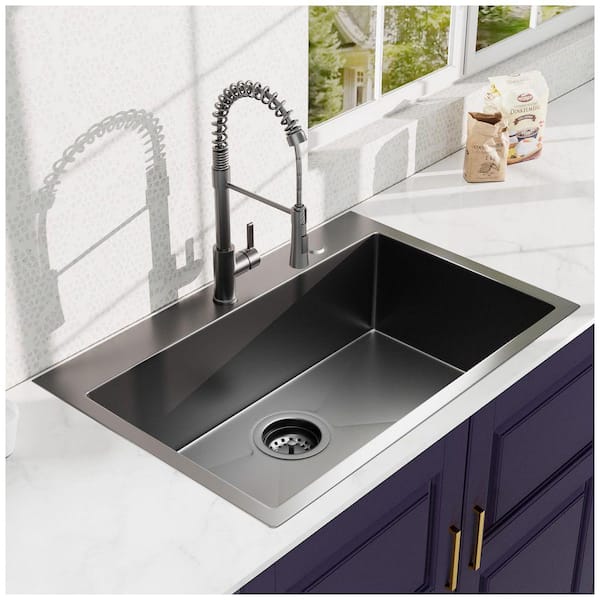 33 in. Drop-In/Topmount Single Bowl 18 Gauge Gunmetal Black Stainless Steel Kitchen Sink with Faucet and Bottom Grids