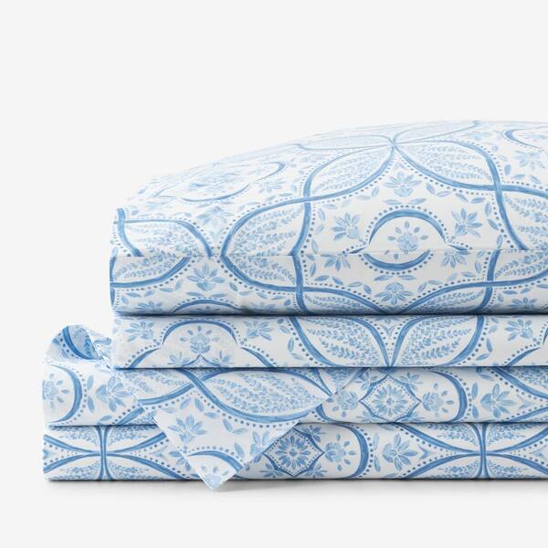 The Company Store Legends Hotel Malta Tiles Blue/White Floral Egyptian Cotton Queen Sheet Set
