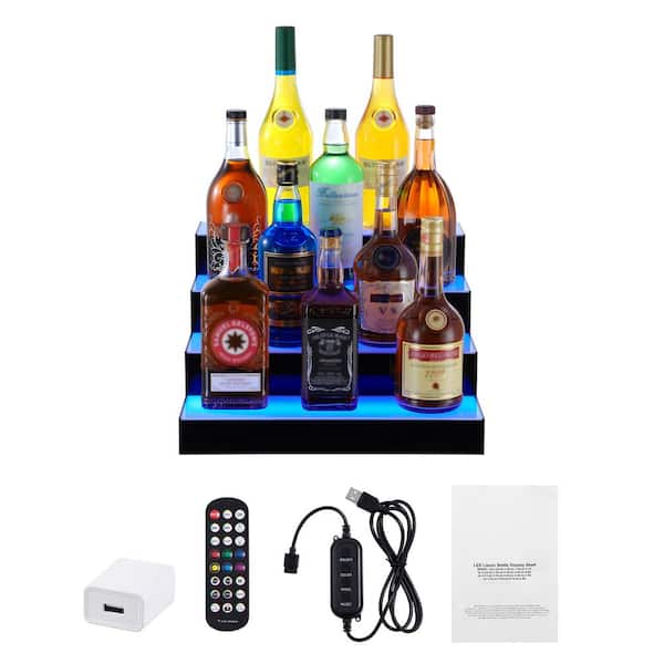 LED Lighted Liquor Bottle Display 4-Tier 16 in. Commercial Bar Shelf Acrylic Whiskey Rack with RF Remote and App Control