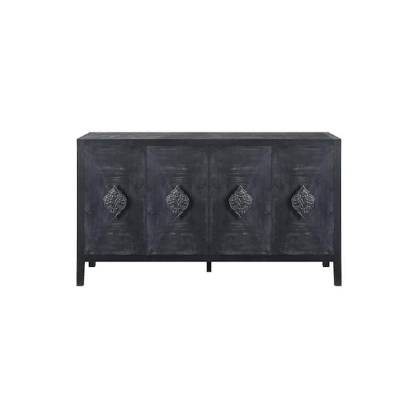 COWLOWN 59.8 in. W x 15.7 in. D x 32.3 in. H Antique Black Linen Cabinet with Carved Flower Door Handles, 4 Doors