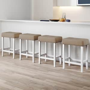 Hylie 24 in. Natural Flax Nailhead Saddle Cushion White Wood Counter Height Bar Stool, Set of 4