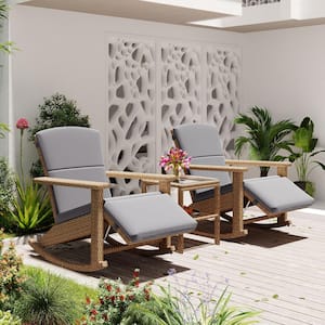 3-Piece Natural Wicker and Metal Outdoor Rocking Chair with Leg-Rest, Tempered Glass Coffee Table, Gray Cushions