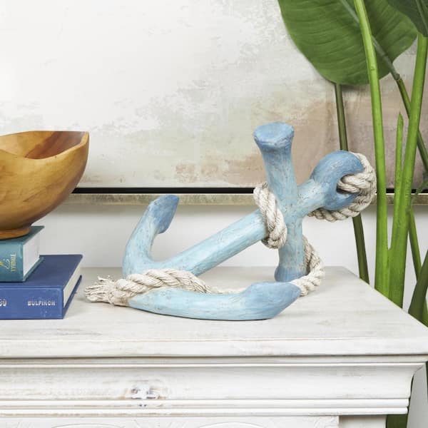 Litton Lane Blue Polystone Distressed Anchor Sculpture with Rope Detail