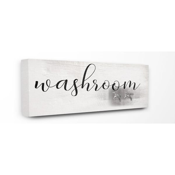 Stupell Industries 10 in. x 24 in. "Washroom Faucet Illustration Script Typography Sign" by Daphne Polselli Canvas Wall Art