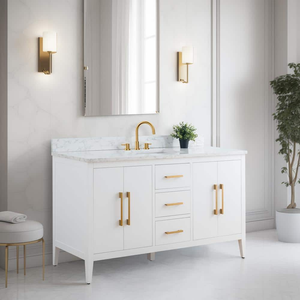 60'' White MDF Single Sink Bathroom Vanity with Engineered Marble Top