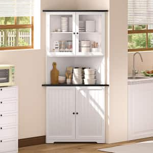 Corner Pantry Organizer Cabinet with Adjustable Shelves and Glass Doors in White