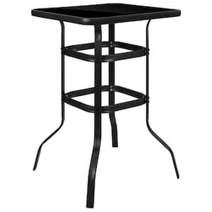 27.5 in. Black Tempered Glass Bar Height Square Metal Patio Bar Table