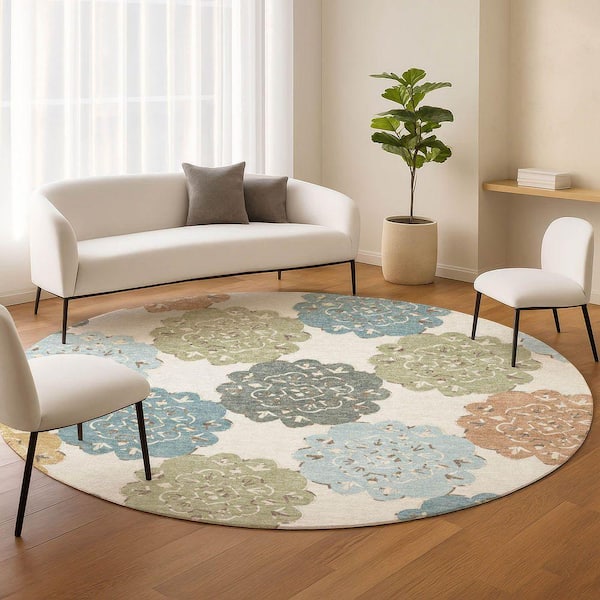 Chantille Machine Washable Indoor/Outdoor Abstract ACN2353 Seaside 8 ft. x 8 ft. Round Rug