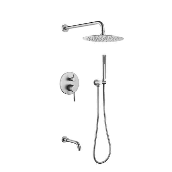 2-Handle 3-Spray 10 in. 1.8GPM Wall Mount Shower Head Tub and Shower Faucet w Pressure Balancing Valve in Brushed Nickel