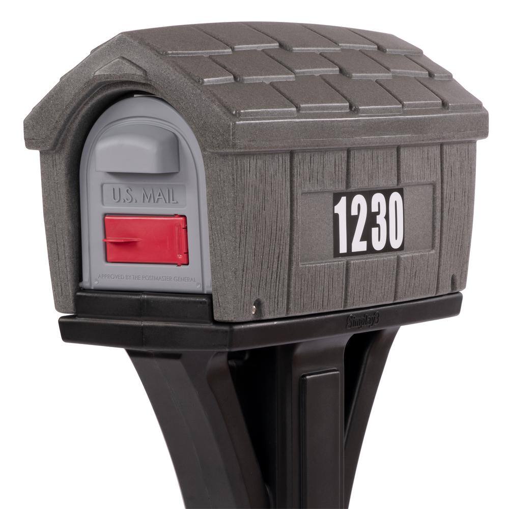 Classic Gray Stone and Black Plastic Mailbox with Post