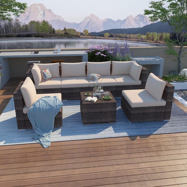 Unbranded Brown 7 -Piece Wicker Rattan Outdoor Coversation Sectional Set with Brown Cushions and Glass Table