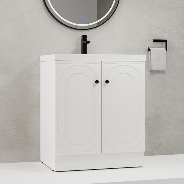 30 in. Single Sink Freestanding White Bath Vanity with White Resin Top, Adjustable Shelf, 2 Soft-Close Cabinet Doors