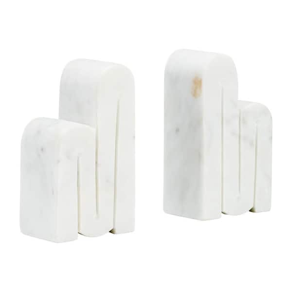 Liv & Skye 6 in. White Marble Geometric Abstract Swirl Design Bookends (Set of 2)