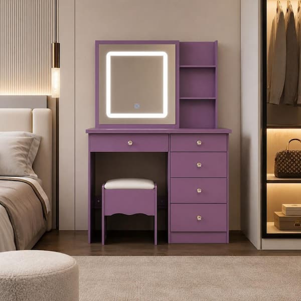 purple dresser Kingdely 5-Drawer 36 in. Wide with Sliding LED Mirror, 6 Open Shelves, 3 Hidden Shelves, Cushioned Stool ZN-KF210141-05 Size:IT 34 - US 4 Harrison Floral Applique Beach Wedding Tall and entryways