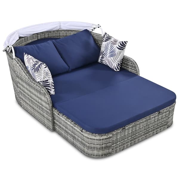 Unbranded Wicker Outdoor Day Bed with Adjustable Canopy, Pillows, Double lounge, Gray Frame & Blue Cushion