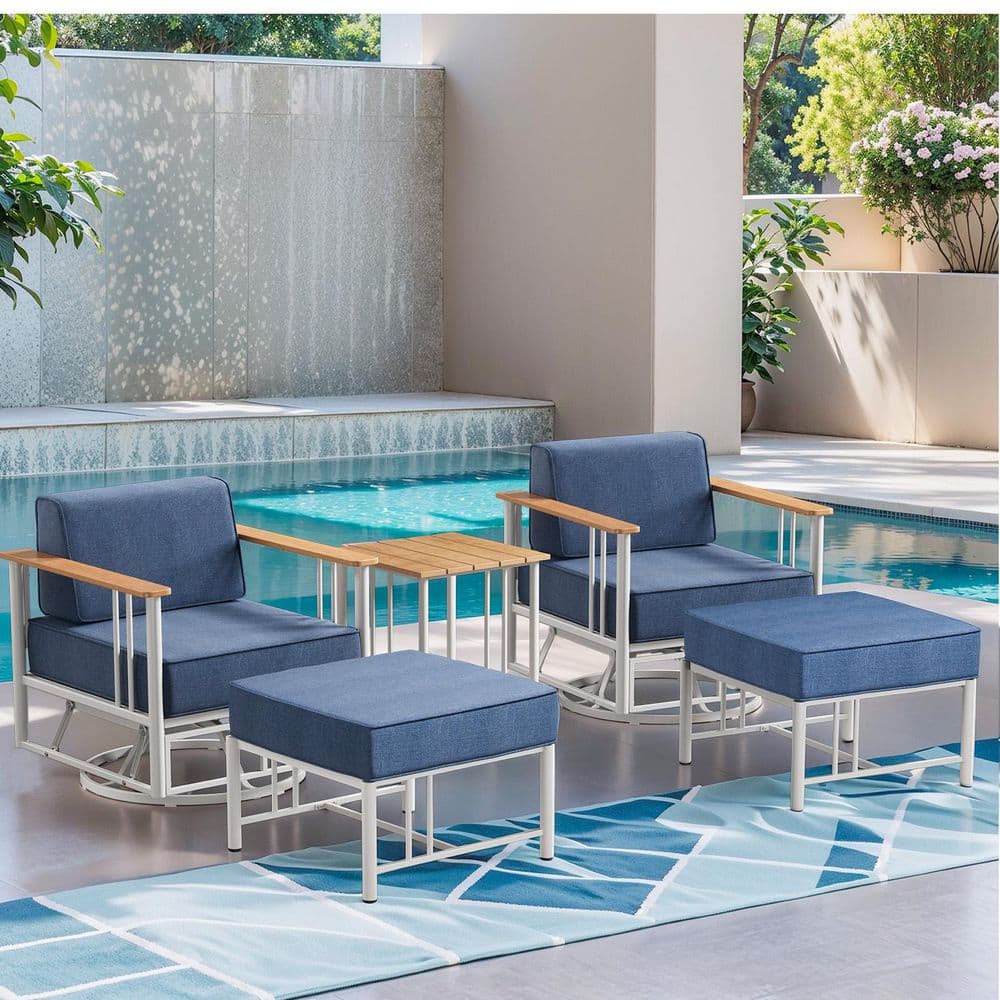 BoulderSeat White Metal Patio Conversation Set with 6 In. Thick Olefin Blue Cushions Patio Swivel Chairs (5-Piece)