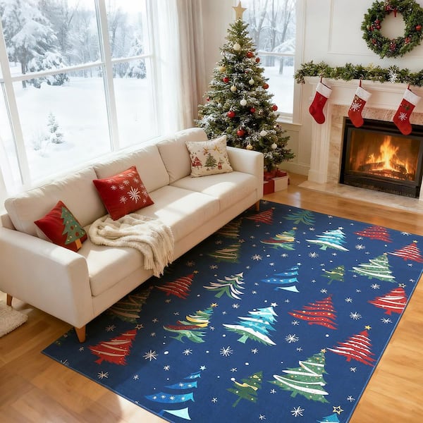 9 X 12 ft. Blue Christmas Washable Area Rug, Soft Carpet with Xmas Tree, Non-Slip Backing, Foldable, for Living Room