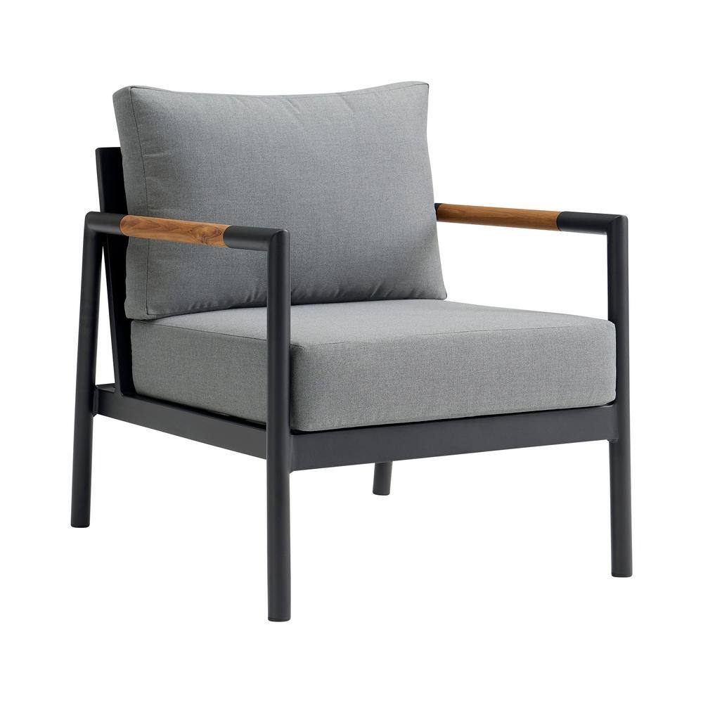 Crown Black Aluminum and Teak Wood Outdoor Lounge Chair with Dark Gray Cush