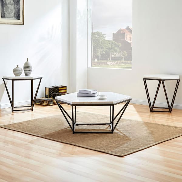Corvus 36 in. White Marble Hexagon Coffee Table and 2-End Tables
