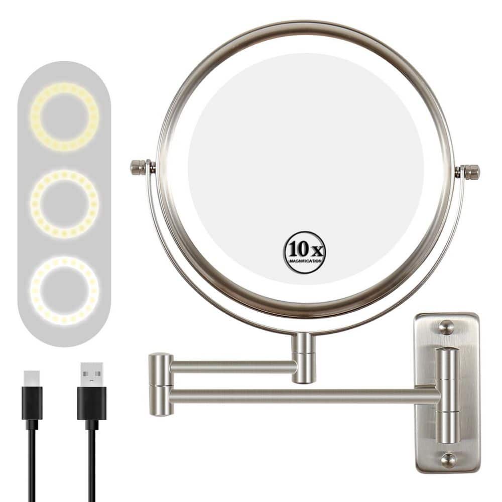 8 in. W x 8 in. H Round Lighted1X/10X Magnifying Mirror Wall-Mount Bathroom Makeup Mirror in Brushed Nickel(Battery/USB) price history on PriceWatchPro