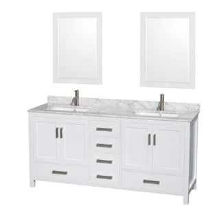 Sheffield 72 in. W x 22 in. D x 35 in. H Double Bath Vanity in White with White Carrara Marble Top and 24" Mirrors
