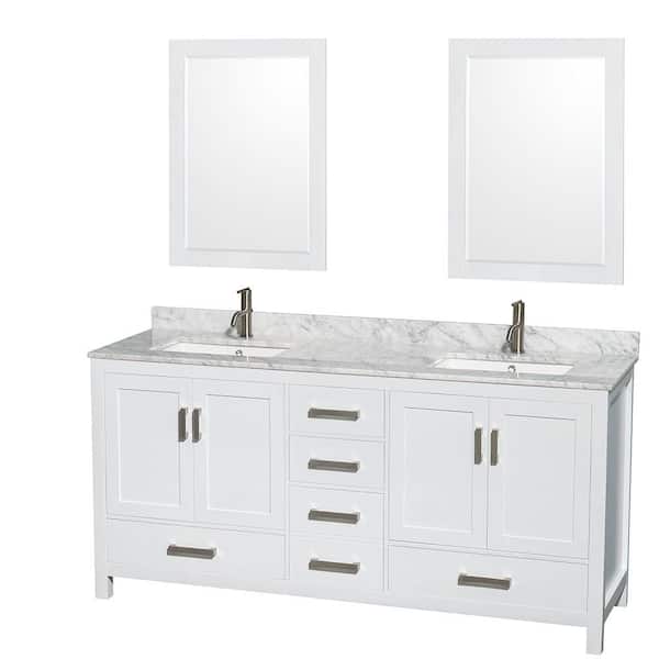 Wyndham Collection Sheffield 72 in. W x 22 in. D x 35 in. H Double Bath Vanity in White with White Carrara Marble Top and 24" Mirrors