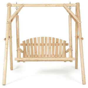 2-Person Wood Porch Swing Chair with Rustic Curved Back