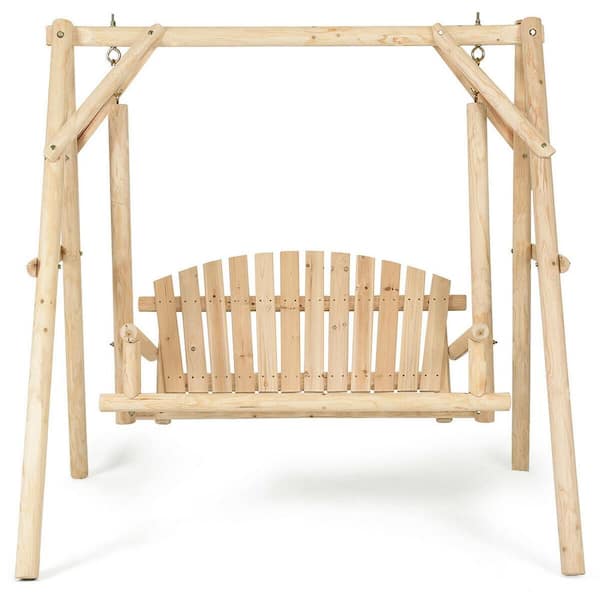 ANGELES HOME 2-Person Wood Porch Swing Chair with Rustic Curved Back