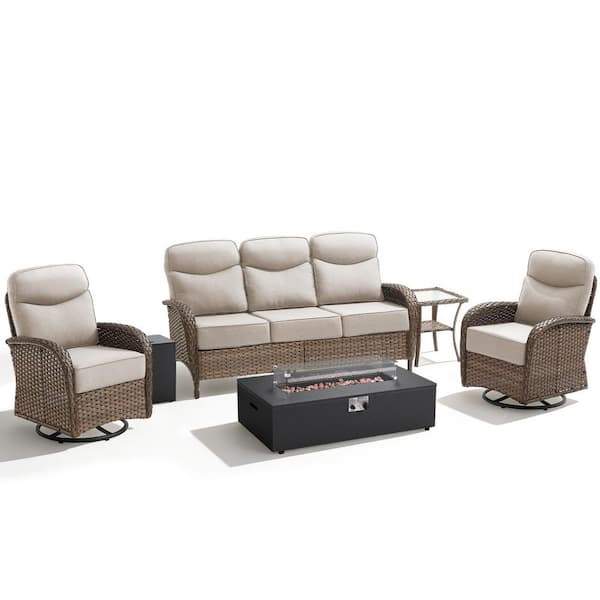 High Crescent 5-Piece Brown Wicker Patio Conversation Set with Beige Cushions and Split-Type Fire Pit Table