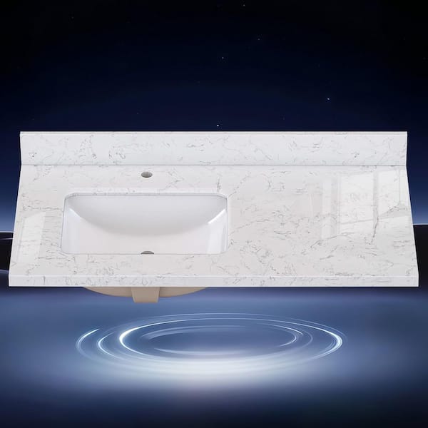 Cala 42 in. W x 22 in. D Cultured Marble Vanity Top White Rectangular Left Single Sink Bath Countertop in Carrara White