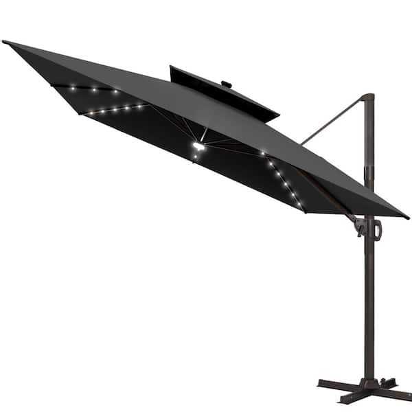 Pellebant Double Top 11 ft. 360° Rotation Cantilever Patio Umbrella with LED Lights, Square Canopy in Black