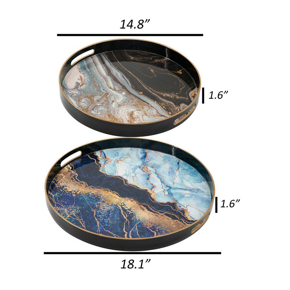 Set of 2 Blue and Gold Faux Marble Round Trays