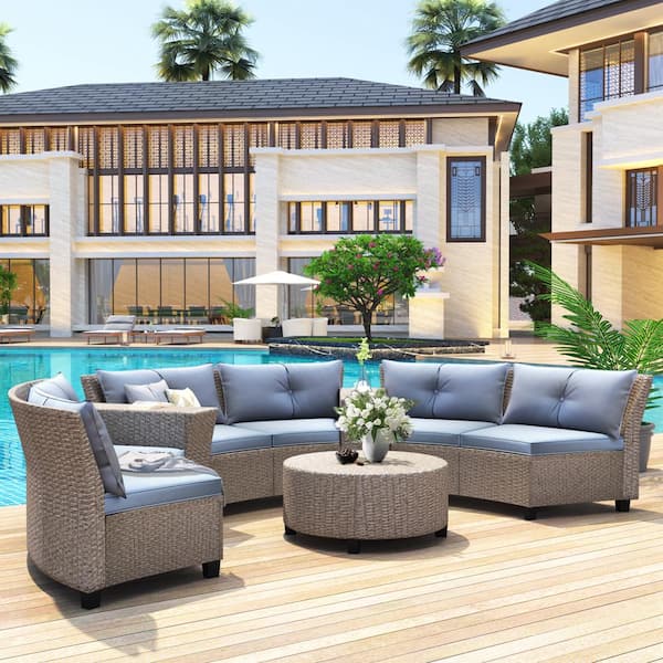 waelph 9-Piece Wicker Patio Conversation Set with Gray Cushions and Table