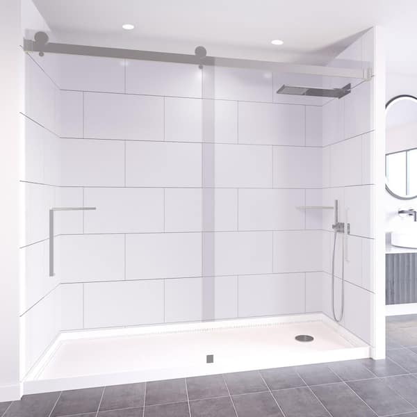 NuVo Winter White-Tetherow 60 in. x 32 in. x 99 in. Floor Ceiling Base Wall Door Alcove Shower Stall Kit Chrome Right