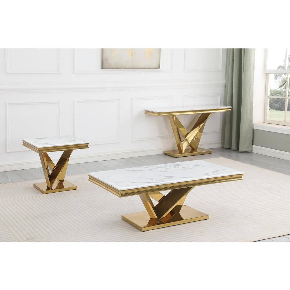 Titan 24" Gold Faux Marble and Stainless Steel End Table