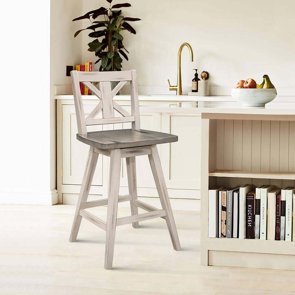 White and Gray Swivel Wood Counter Stools, 18" Wide