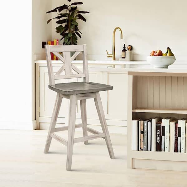Fenton 23 in. Distressed Gray and White Wood Swivel Counter Height Chair (X-Back) with Wood Seat (Set of 2)
