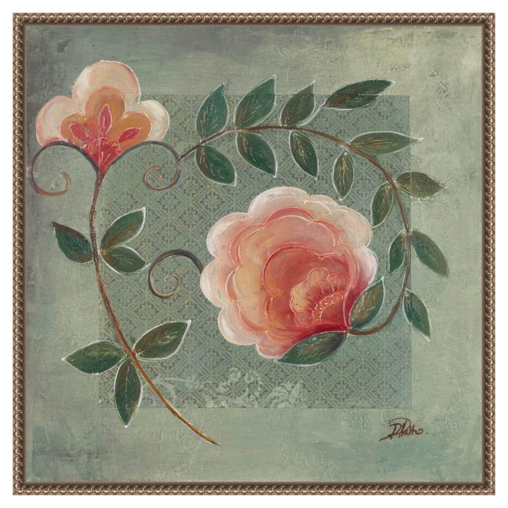 Beaded Bronze Framed Floral Green Canvas Wall Art