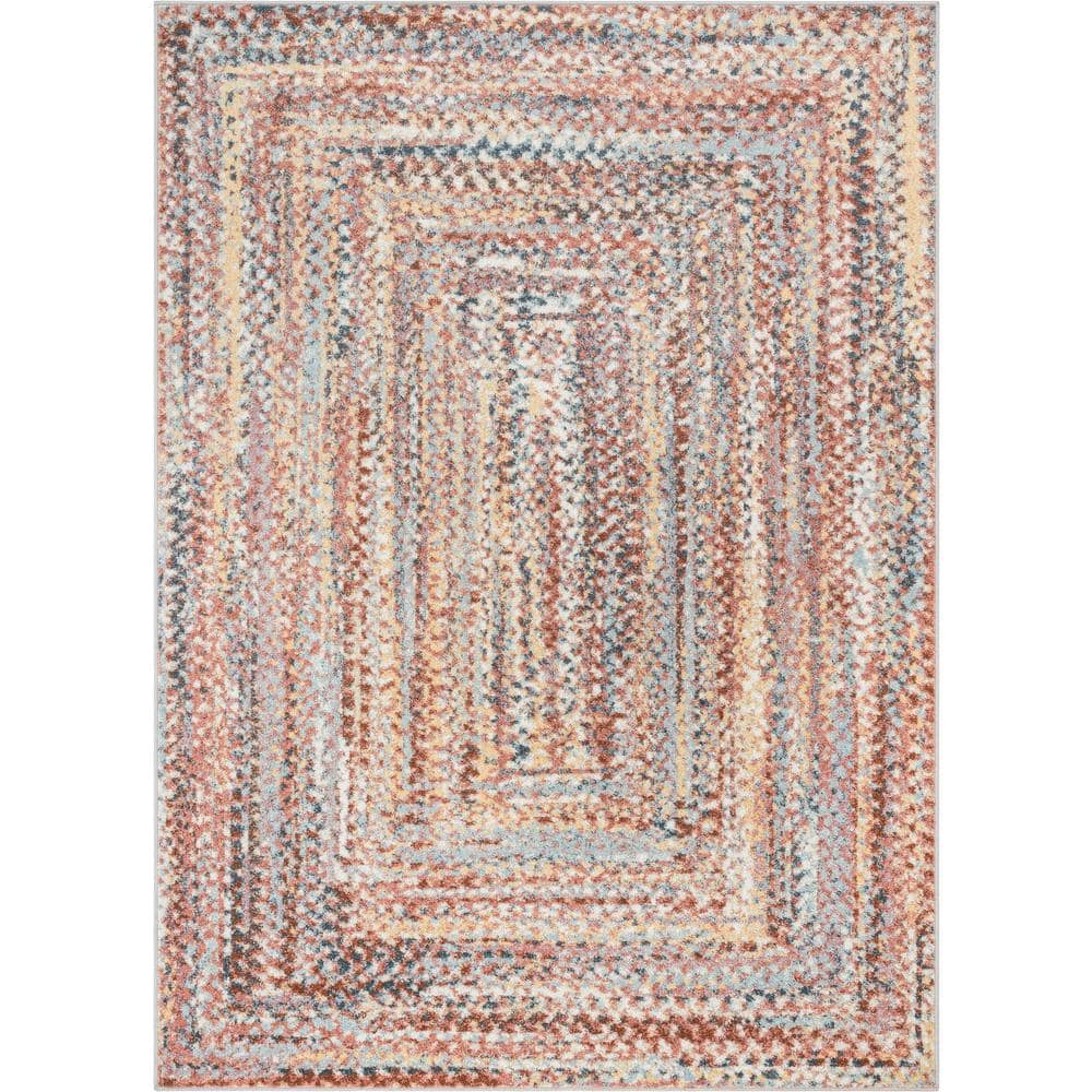Well Woven Rodeo Chindi Modern Solid and Striped Blush Light Blue 5 ft. 3 in. x 7 ft. 3 in. Area