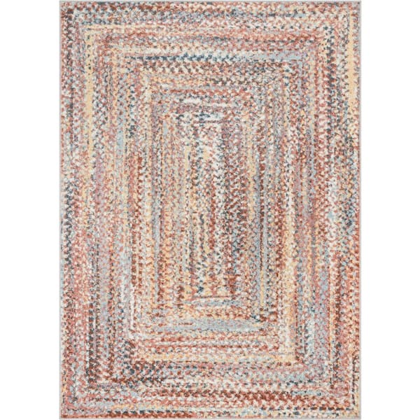 Well Woven Rodeo Chindi Modern Solid and Striped Blush Light Blue 5 ft. 3 in. x 7 ft. 3 in. Area Rug