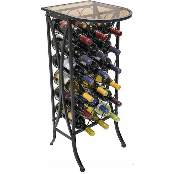 Bordeaux Chateau Style Wine Display with Glass Table Top, 18-Bottle Black Metal Wine Display, Free Standing Wine Rack