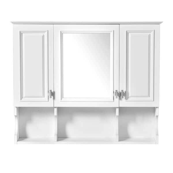 35 in. W x 7.3 in. D x 28.7 in. H Wall Mount Bathroom Storage Wall Cabinet in White, Mirror Cabinet with Open Shelves