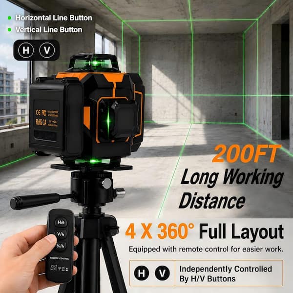4 x 360-Degree 200 ft. Green Self-Leveling 3-Plane Laser Level with 35 in. Tripod, 2 Batteries and Remote Control