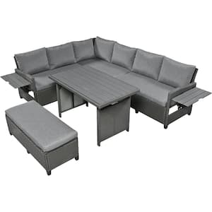 5-Piece Wicker Outdoor Patio Sectional Set L-Shaped Garden Furniture Set with 2-Tables with Dark Gray Cushions