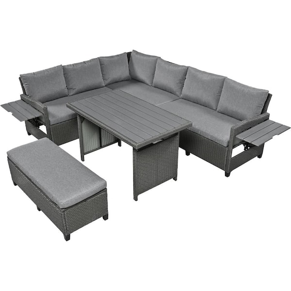 Sudzendf 5-Piece Wicker Outdoor Patio Sectional Set L-Shaped Garden Furniture Set with 2-Tables with Dark Gray Cushions