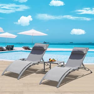 3-Piece Grey Aluminum Adjustable Outdoor Chaise Lounge with Side Table