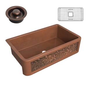 Mytilene Copper 36 in. 0-Hole Single Bowl Farmhouse Kitchen Sink with Floral Design Panel in Polished Antique Copper